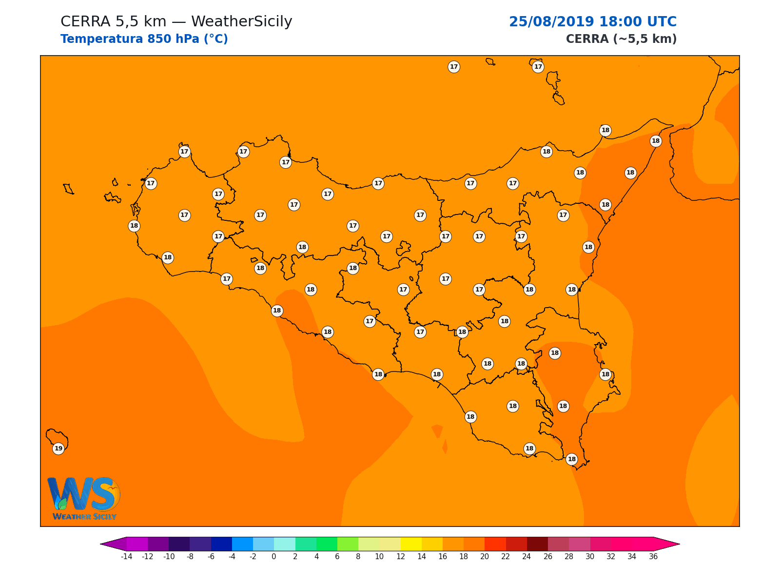 Temperatura a 850 hPa · 2019082518