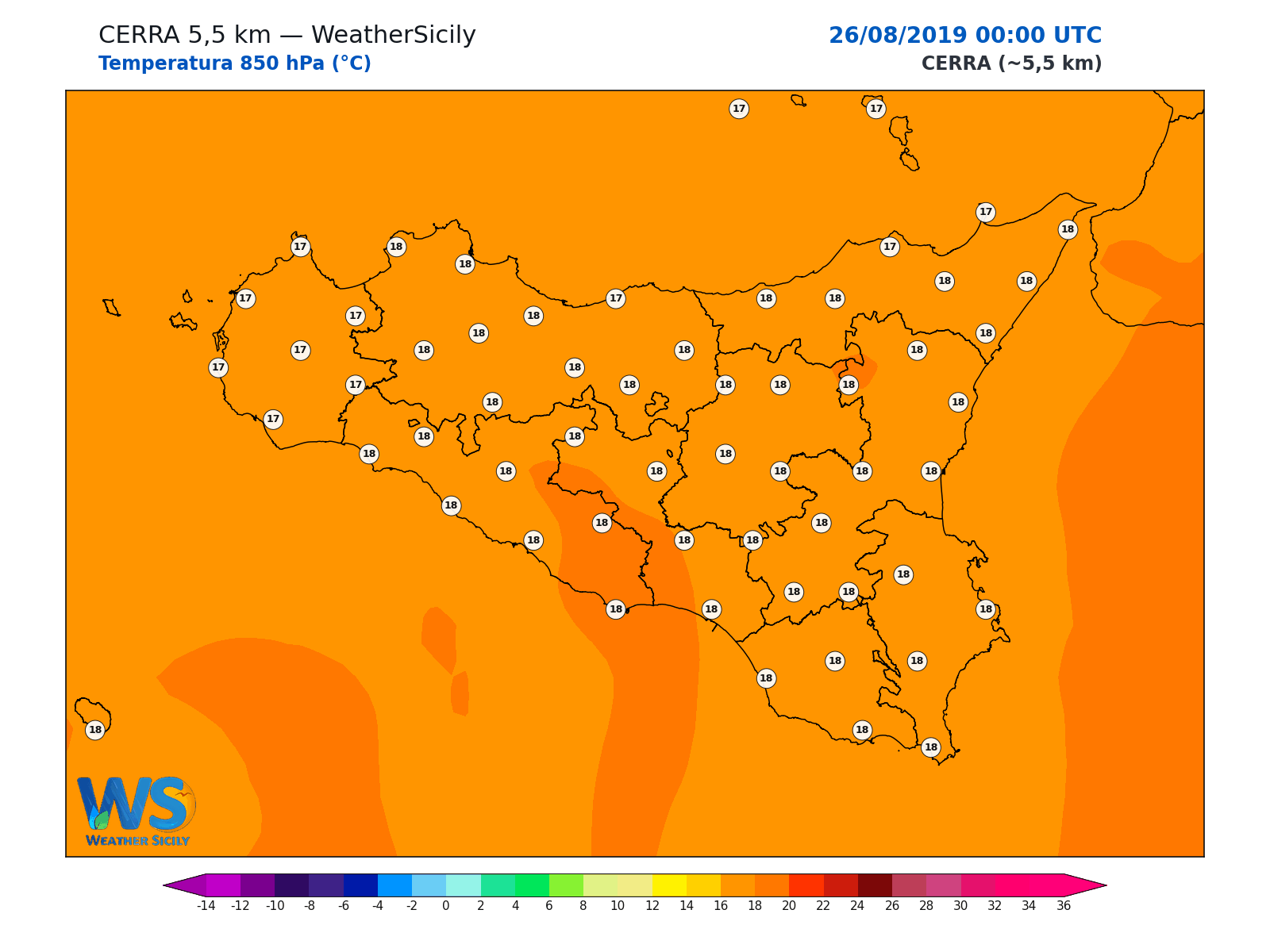 Temperatura a 850 hPa · 2019082600