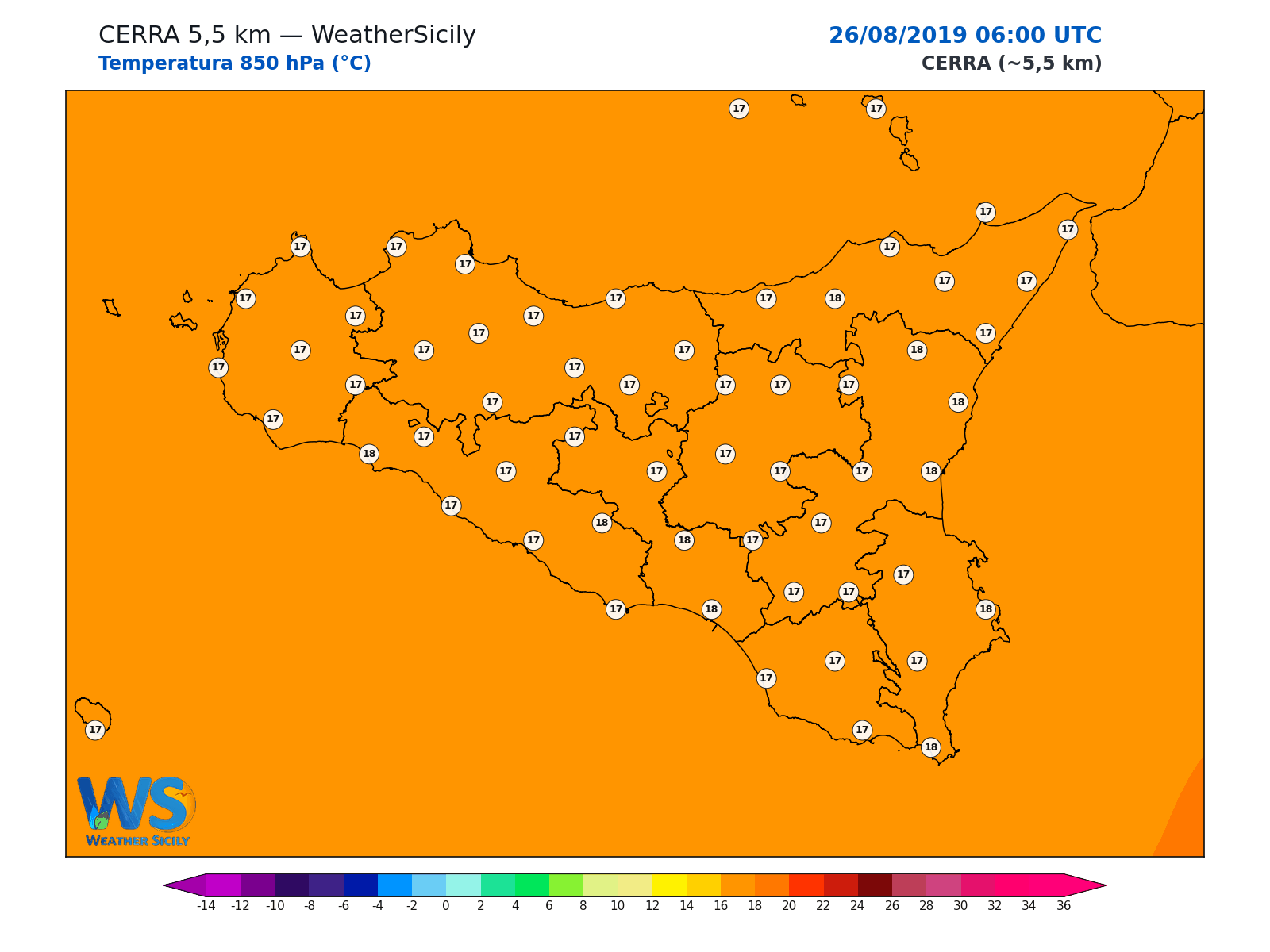 Temperatura a 850 hPa · 2019082606