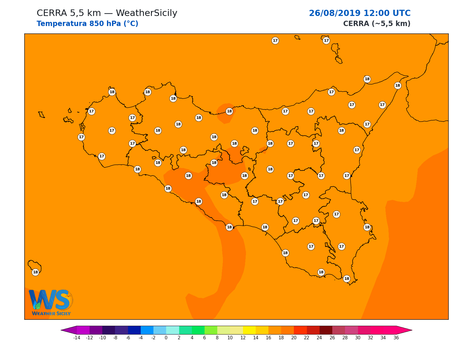 Temperatura a 850 hPa · 2019082612