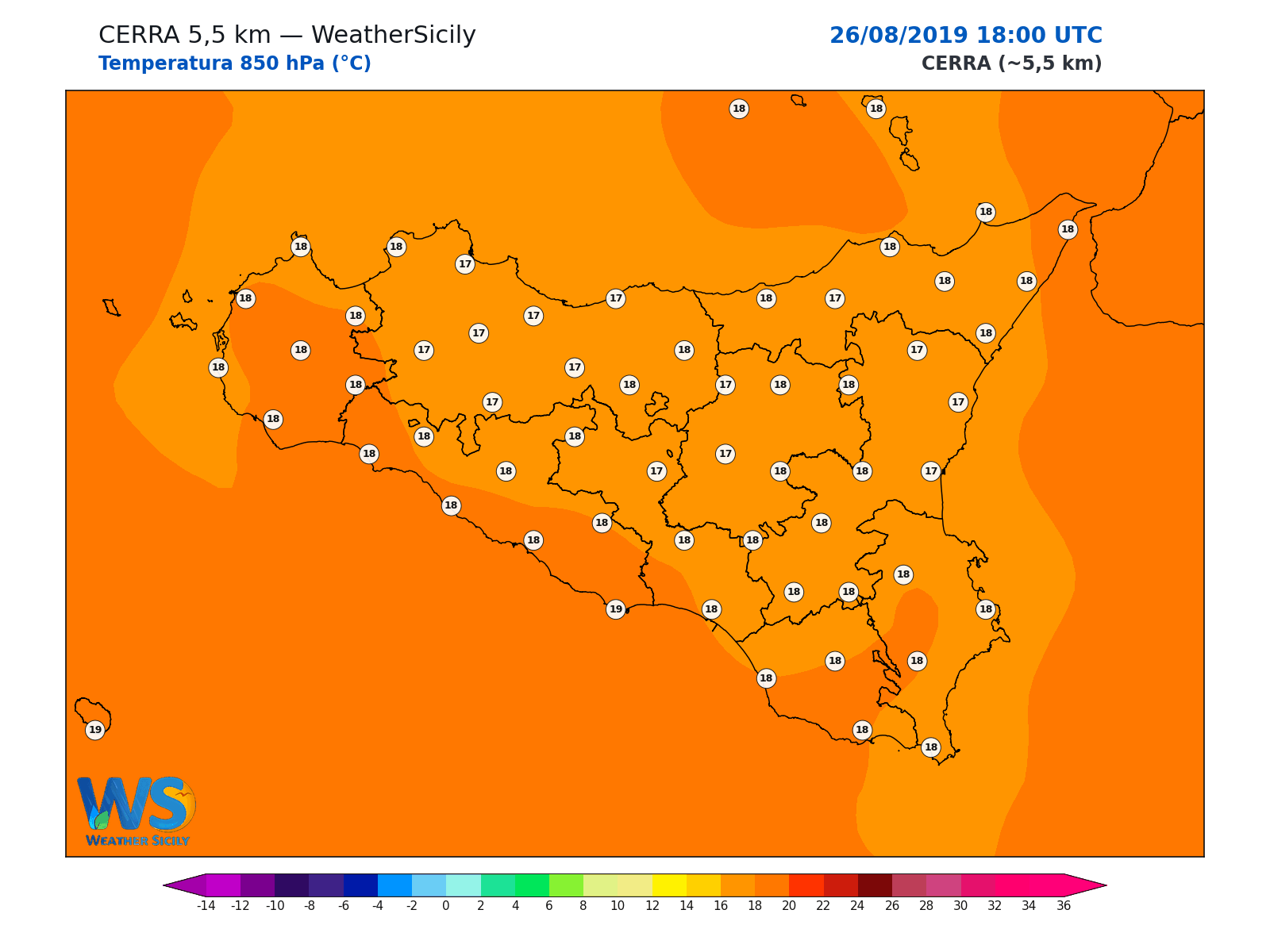 Temperatura a 850 hPa · 2019082618