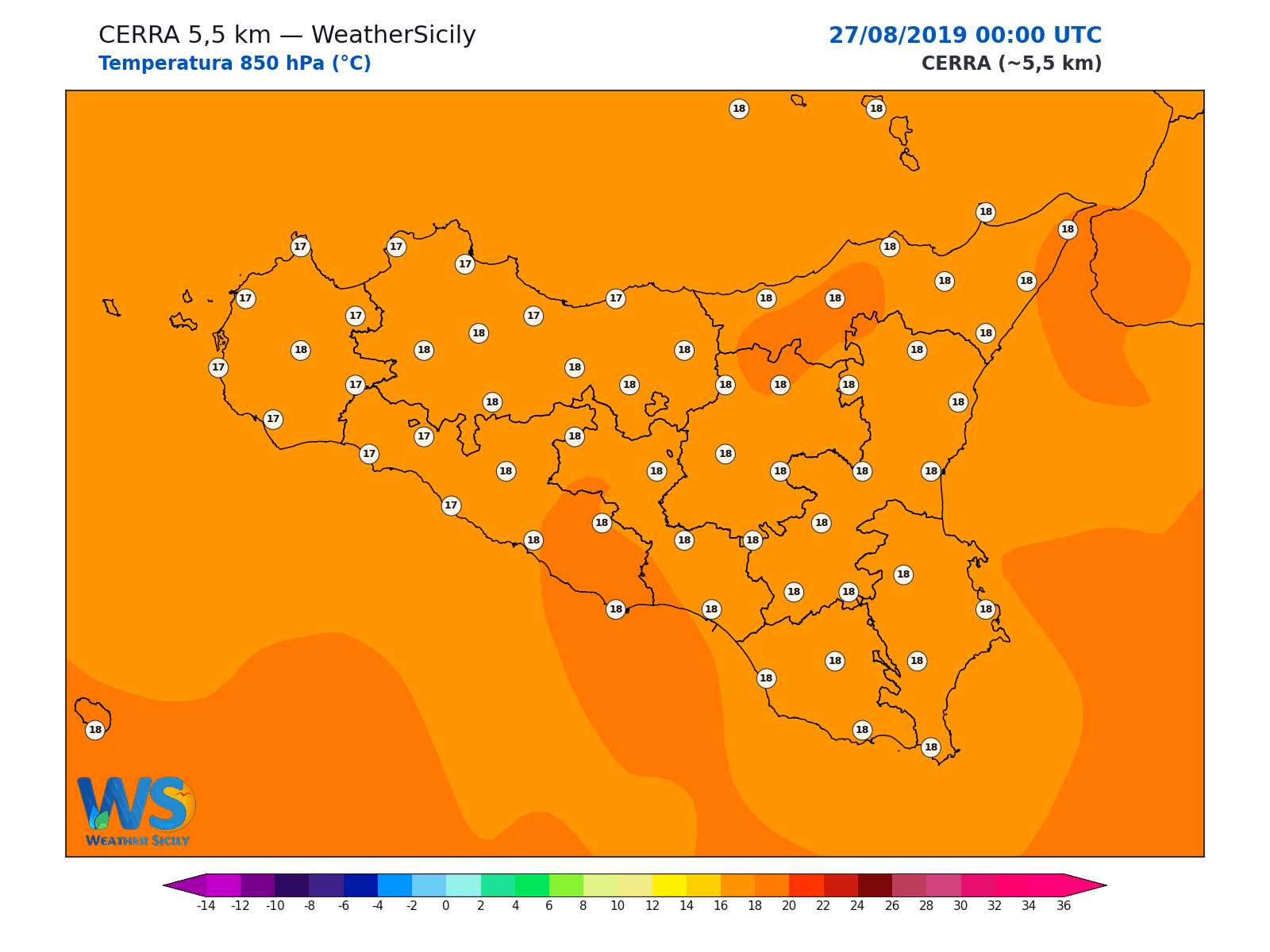 Temperatura a 850 hPa · 2019082700