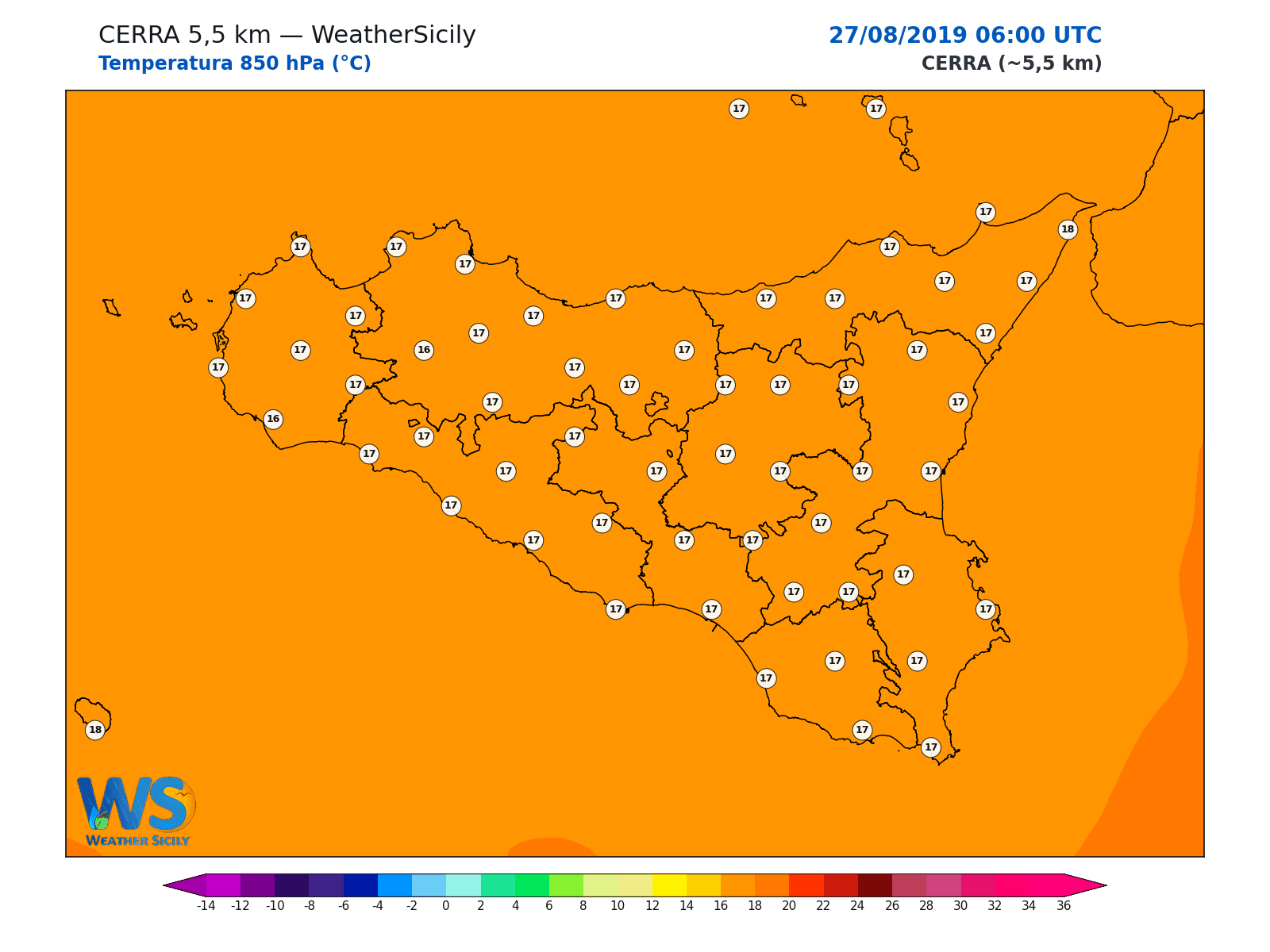 Temperatura a 850 hPa · 2019082706