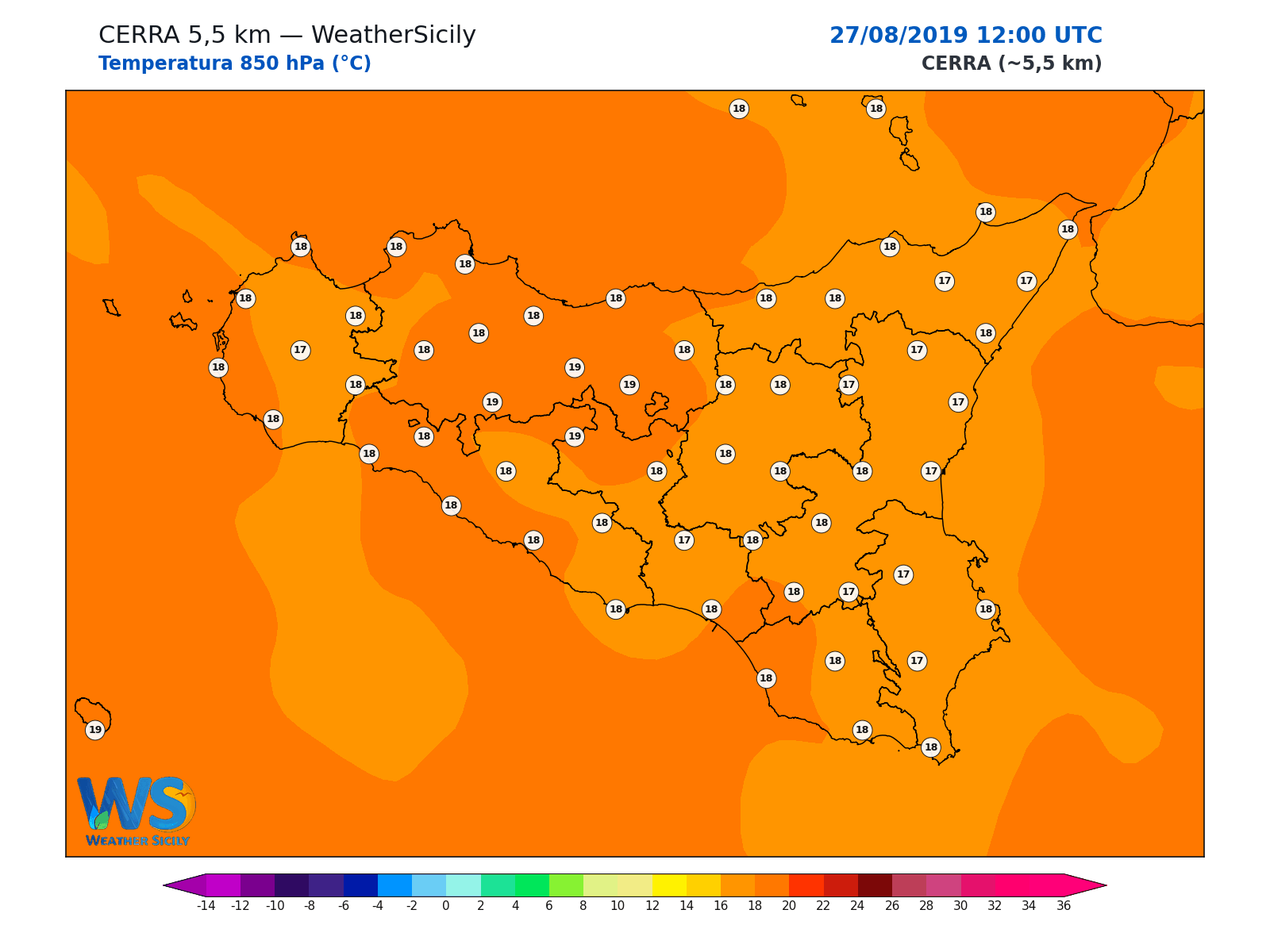 Temperatura a 850 hPa · 2019082712