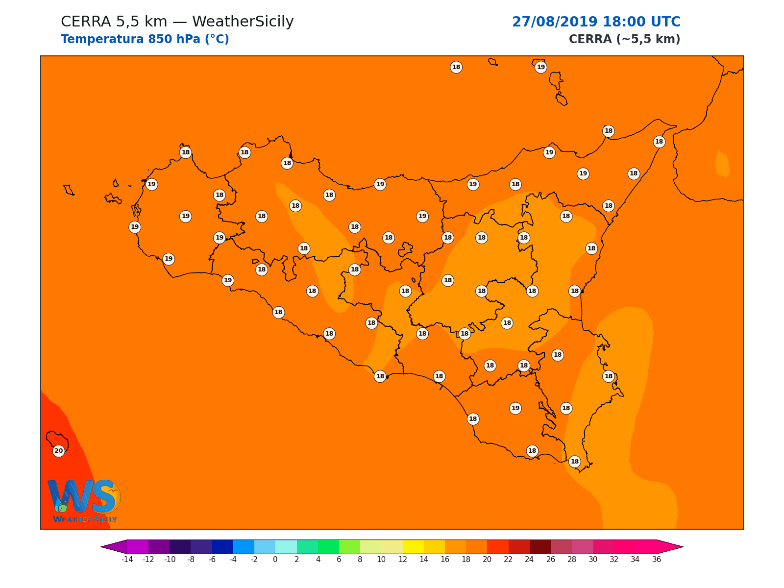 Temperatura a 850 hPa · 2019082718