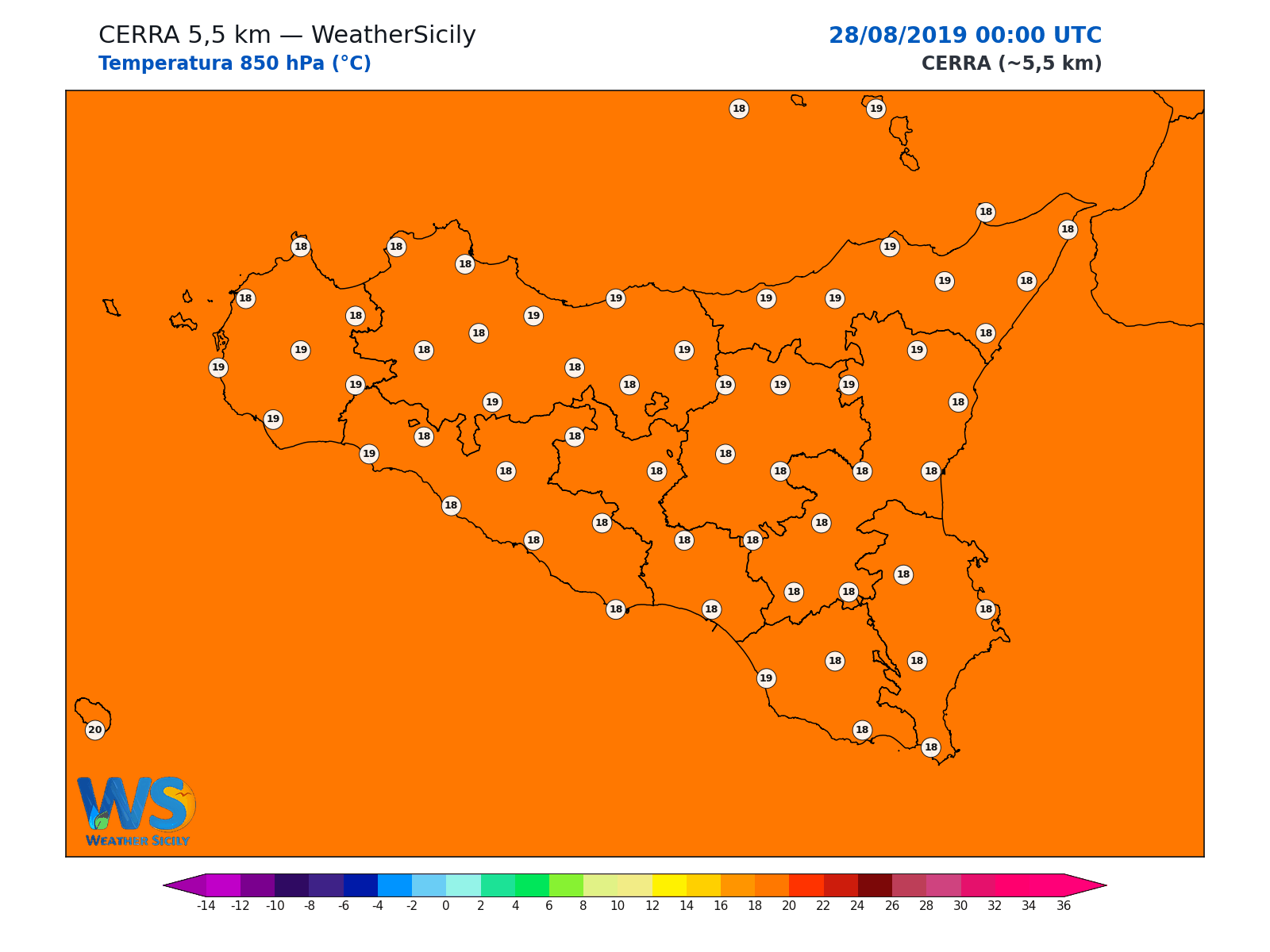 Temperatura a 850 hPa · 2019082800