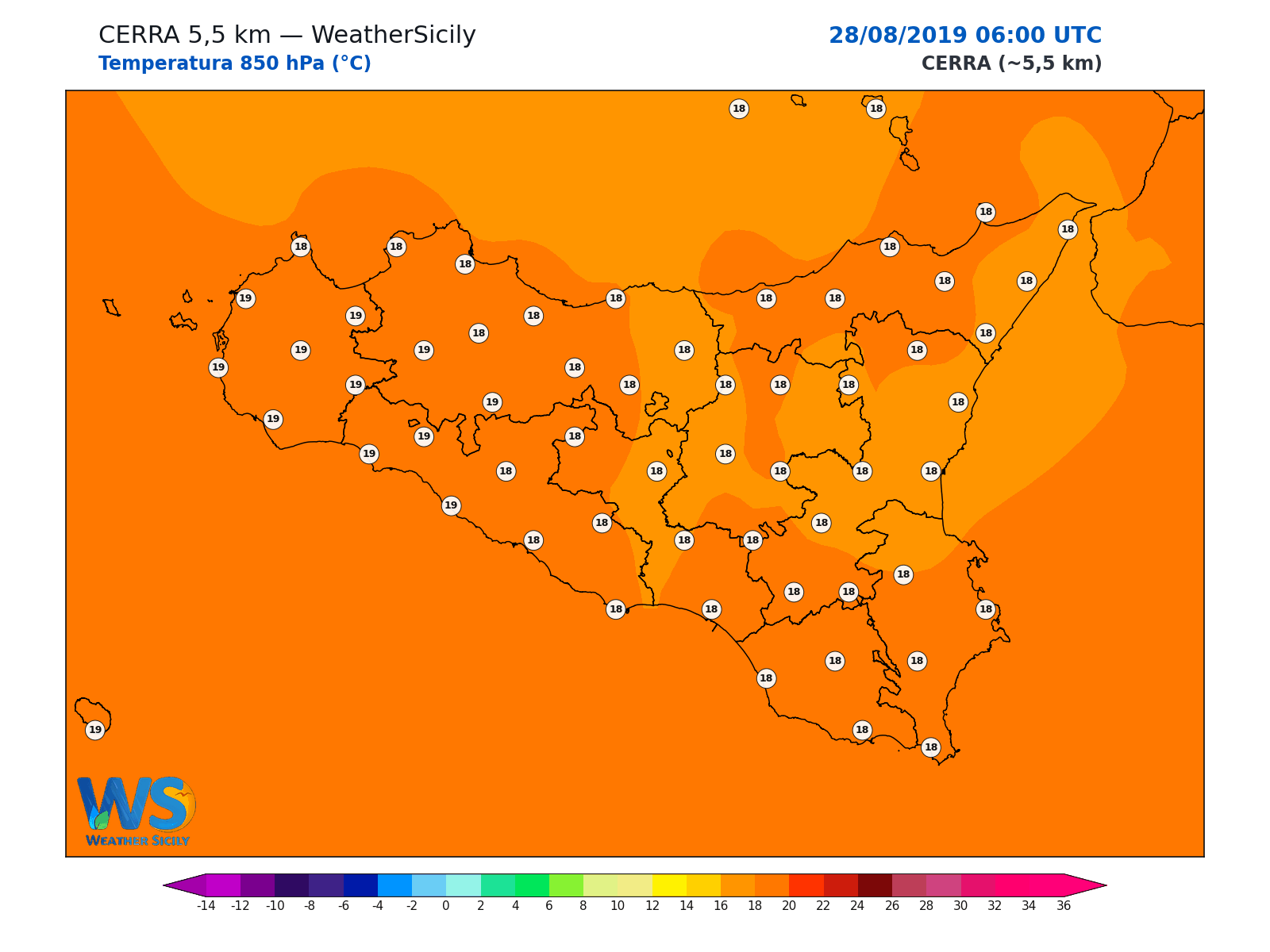 Temperatura a 850 hPa · 2019082806