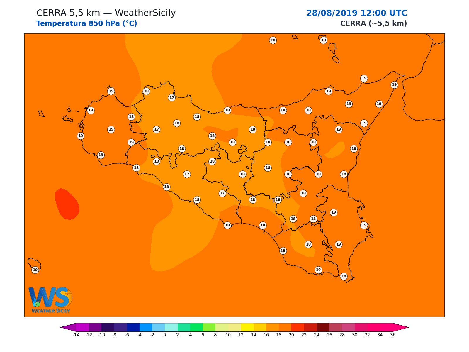 Temperatura a 850 hPa · 2019082812