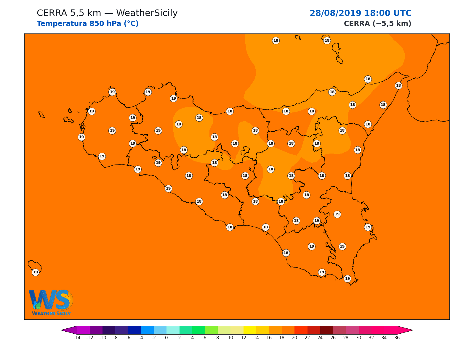 Temperatura a 850 hPa · 2019082818