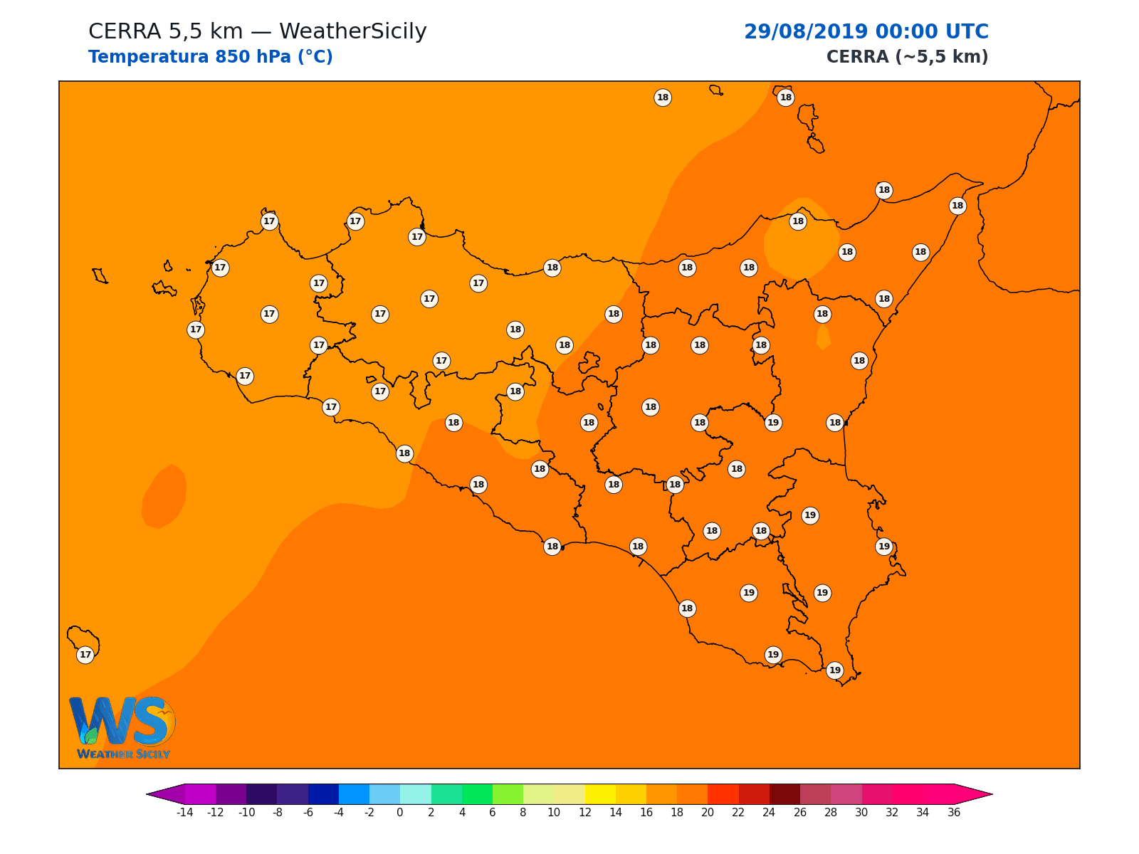 Temperatura a 850 hPa · 2019082900