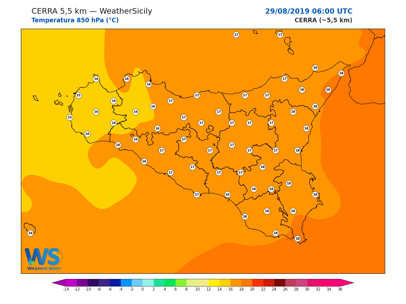 Temperatura a 850 hPa · 2019082906