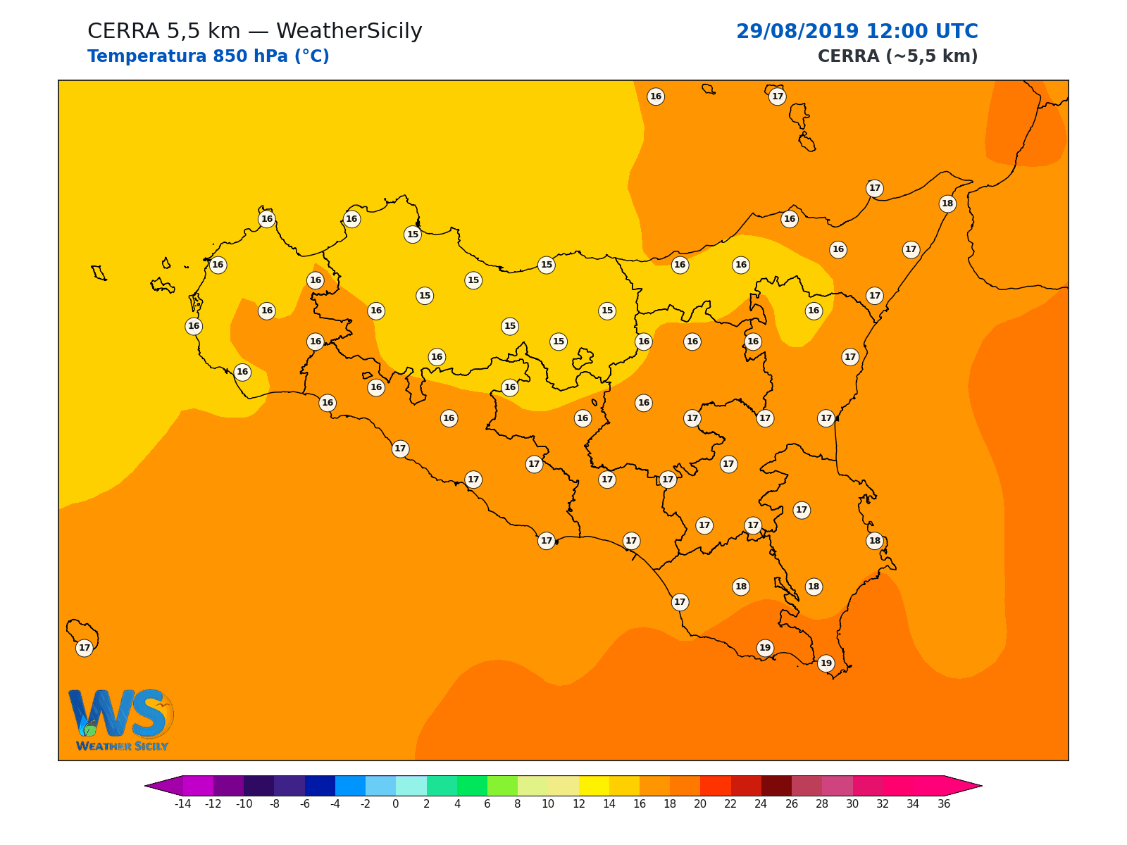 Temperatura a 850 hPa · 2019082912