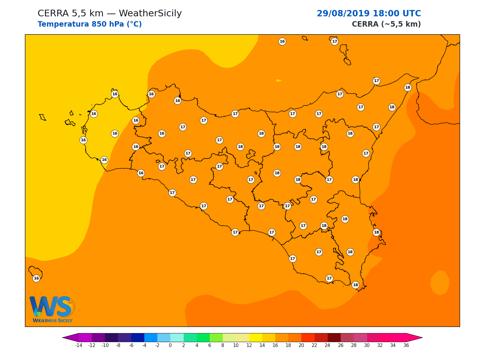 Temperatura a 850 hPa · 2019082918