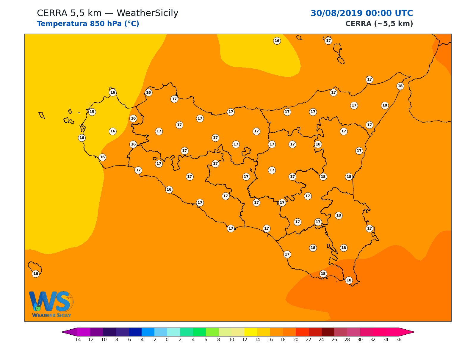 Temperatura a 850 hPa · 2019083000