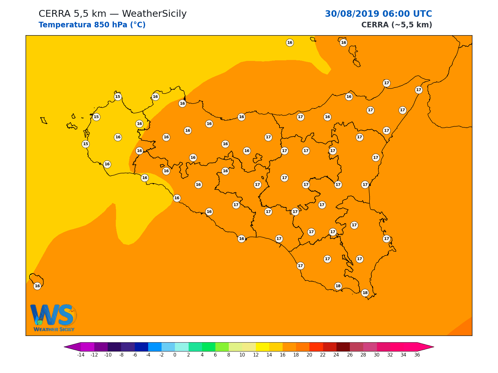 Temperatura a 850 hPa · 2019083006