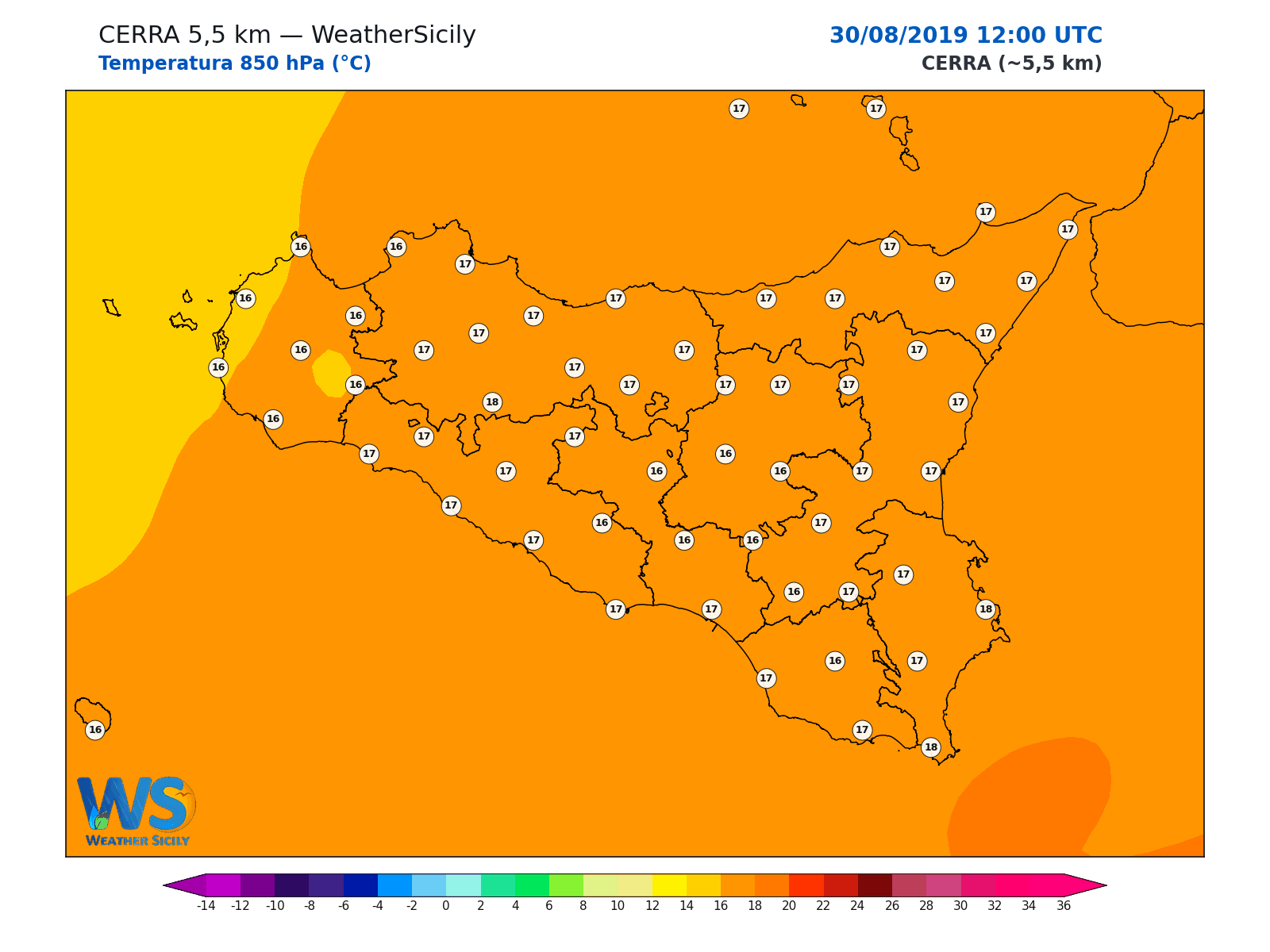 Temperatura a 850 hPa · 2019083012