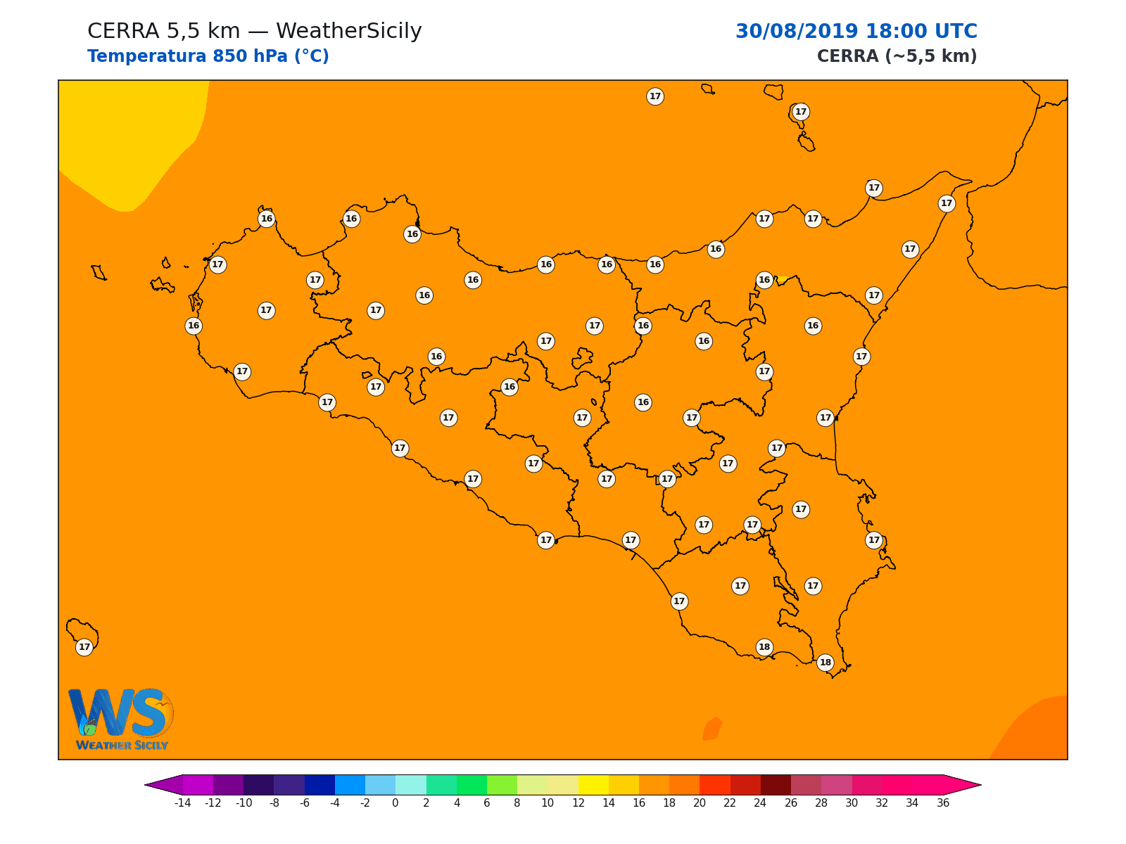 Temperatura a 850 hPa · 2019083018
