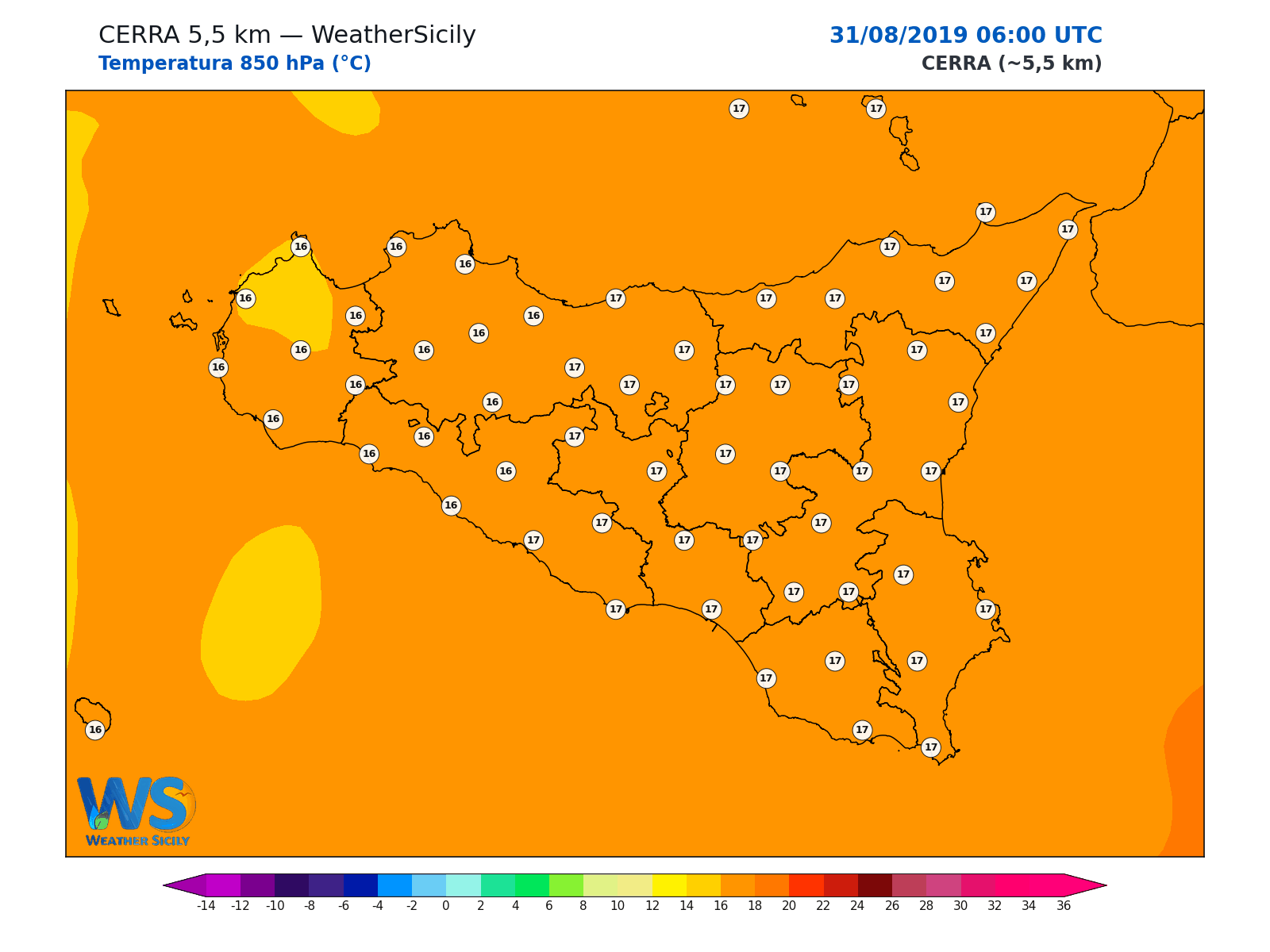 Temperatura a 850 hPa · 2019083106