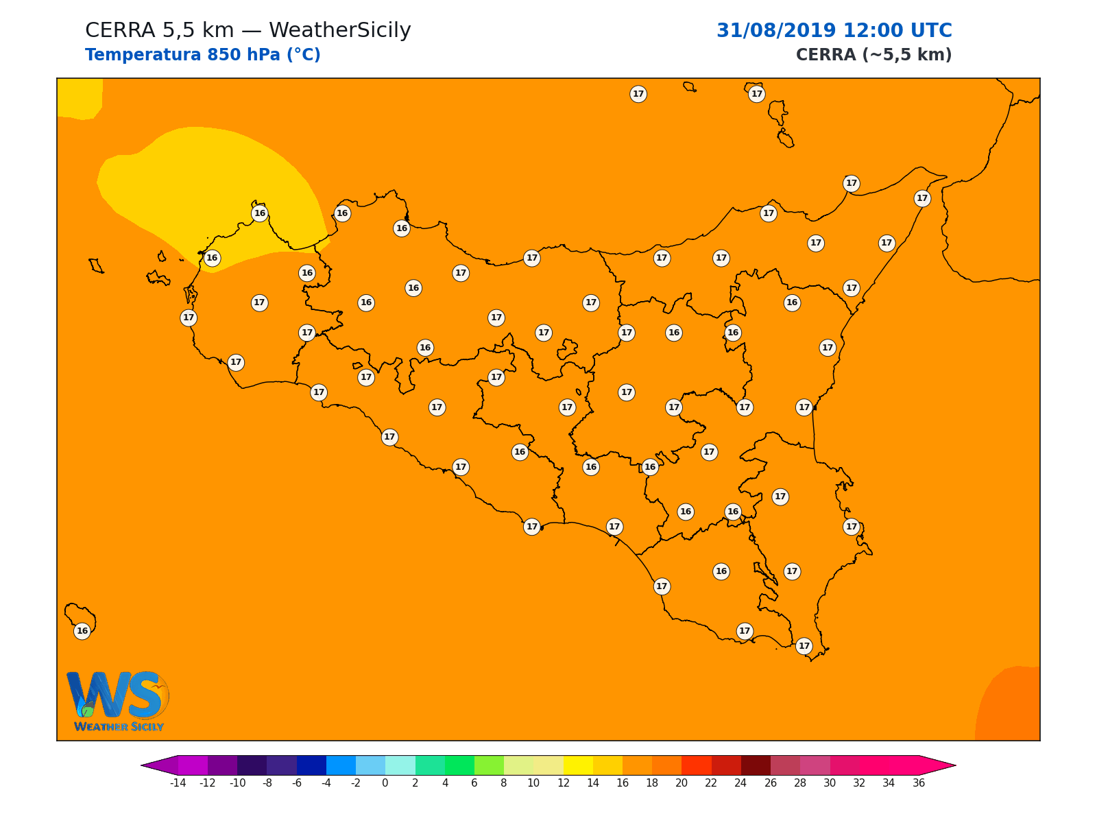 Temperatura a 850 hPa · 2019083112