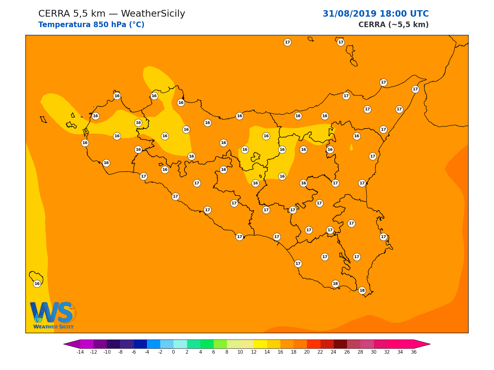 Temperatura a 850 hPa · 2019083118