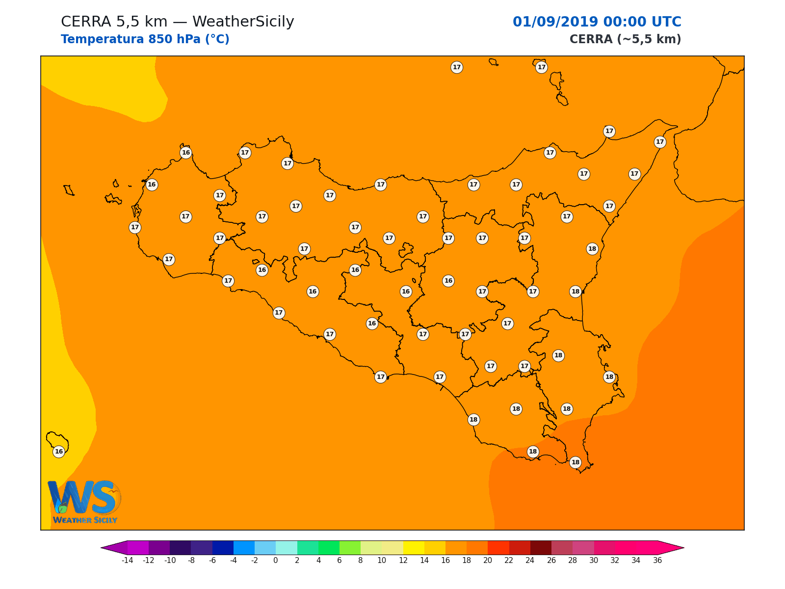 Temperatura a 850 hPa · 2019090100