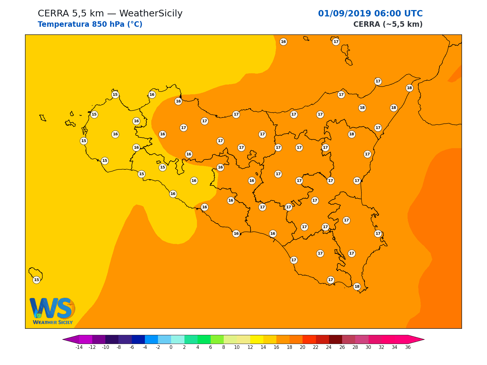 Temperatura a 850 hPa · 2019090106