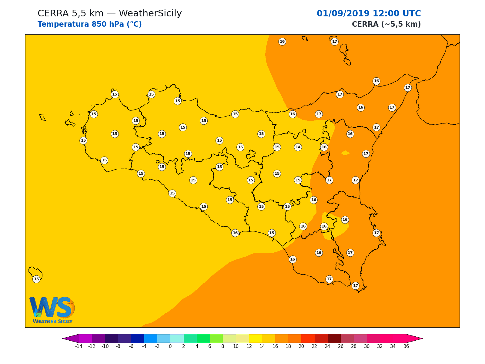 Temperatura a 850 hPa · 2019090112
