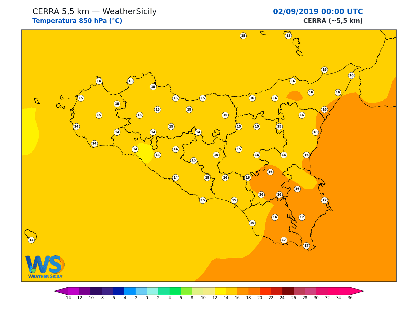 Temperatura a 850 hPa · 2019090200