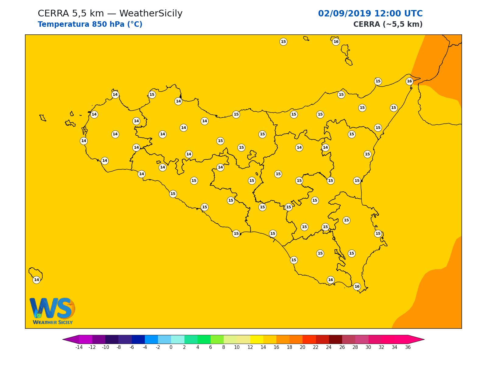 Temperatura a 850 hPa · 2019090212