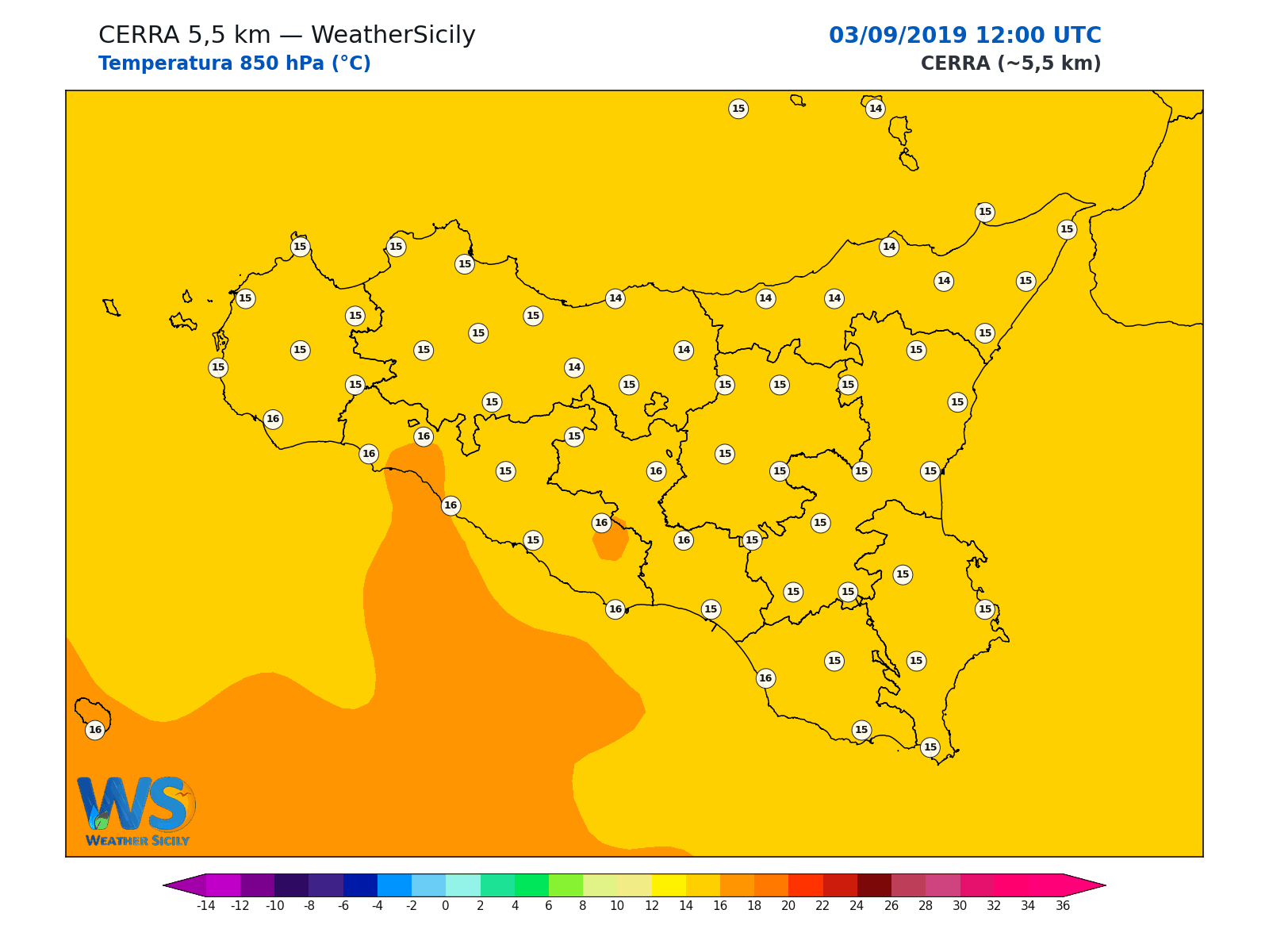 Temperatura a 850 hPa · 2019090312