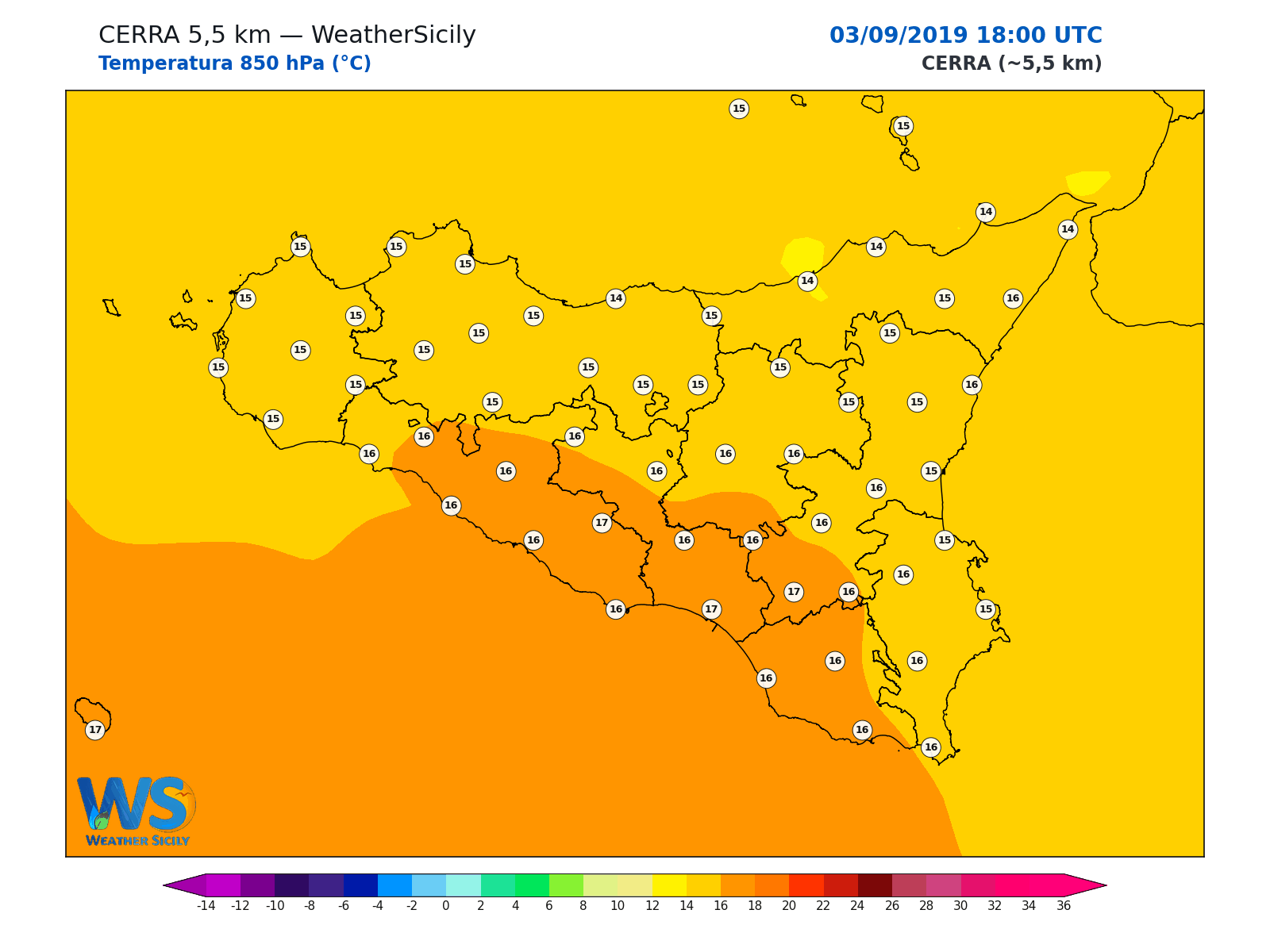 Temperatura a 850 hPa · 2019090318
