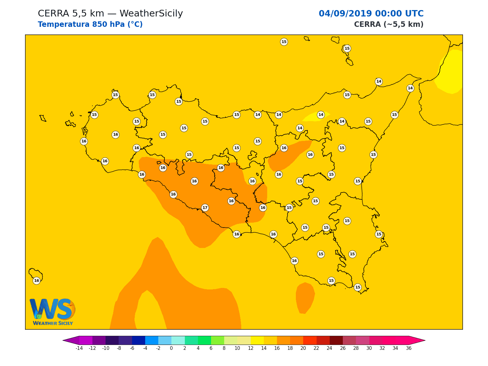 Temperatura a 850 hPa · 2019090400
