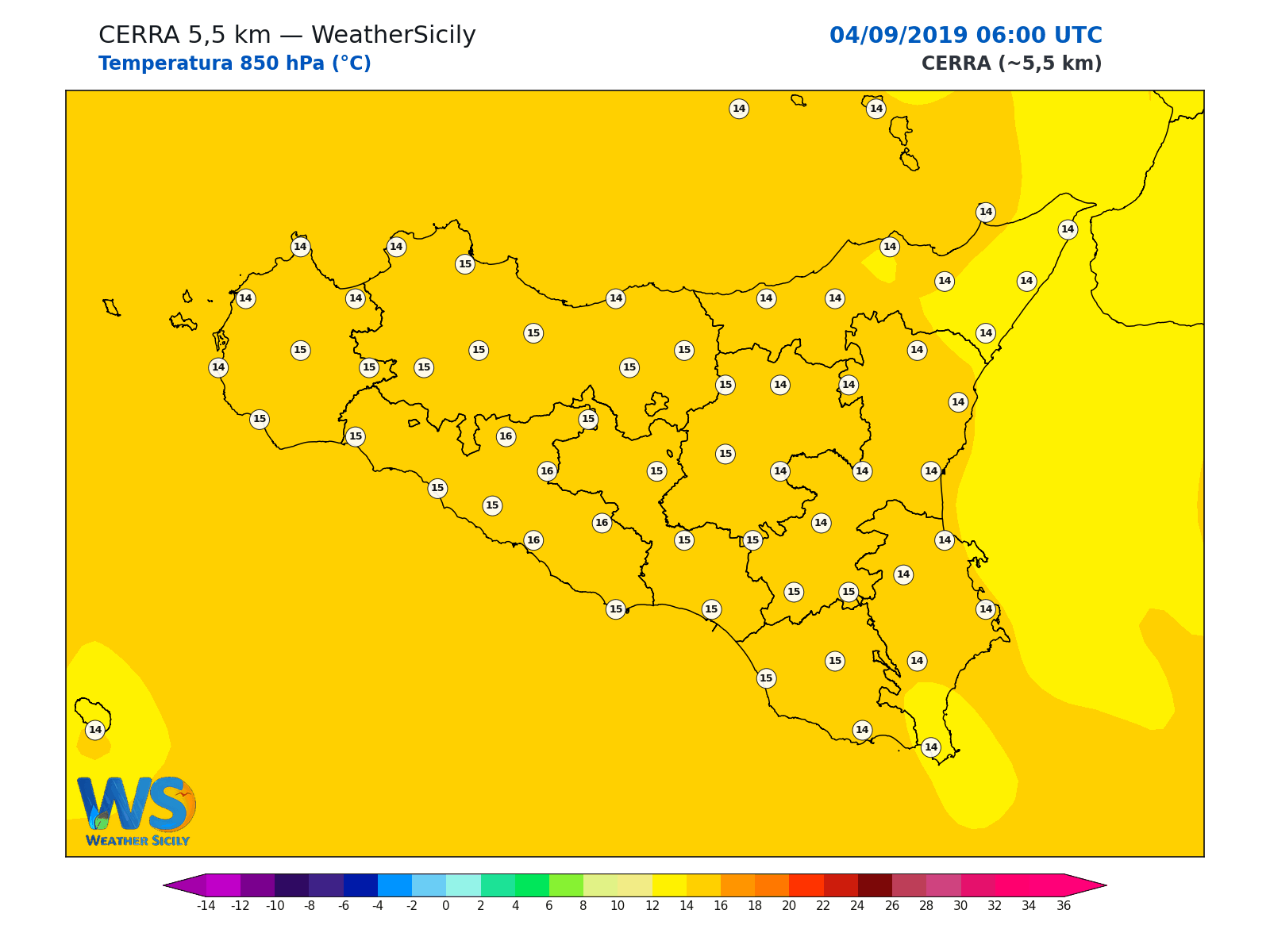 Temperatura a 850 hPa · 2019090406