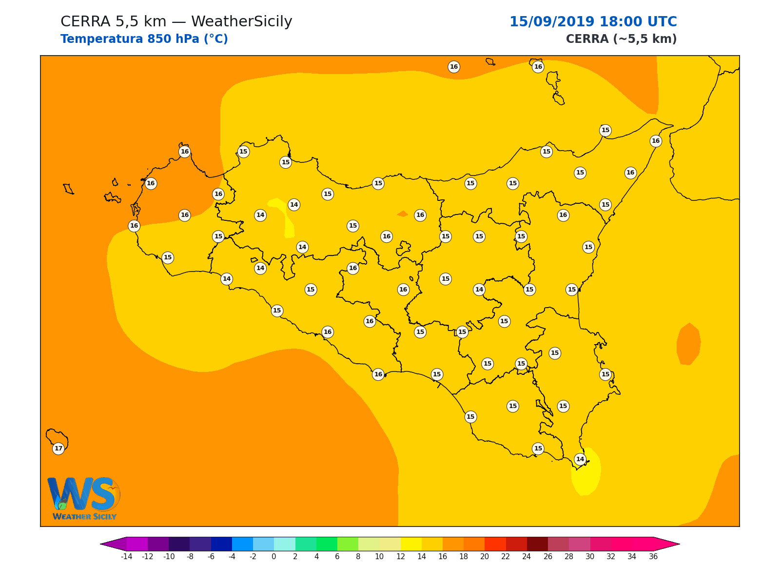 Temperatura a 850 hPa · 2019091518