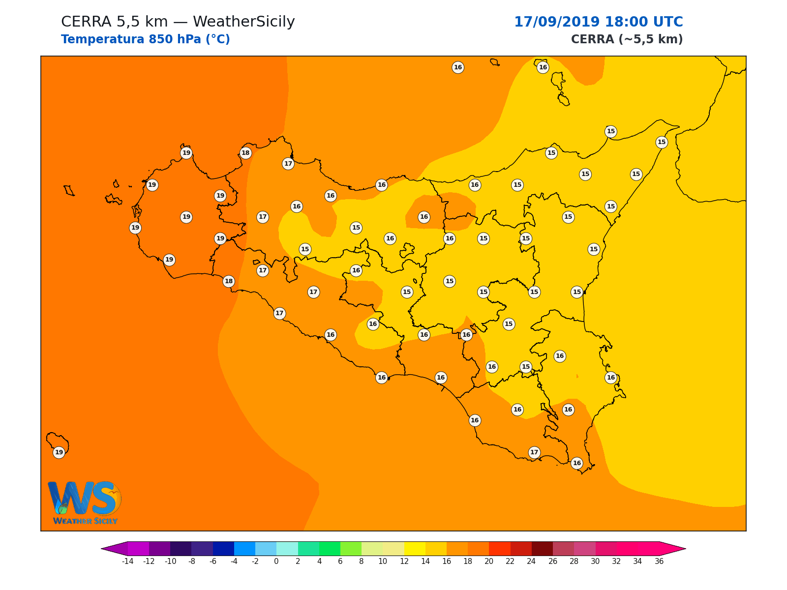 Temperatura a 850 hPa · 2019091718