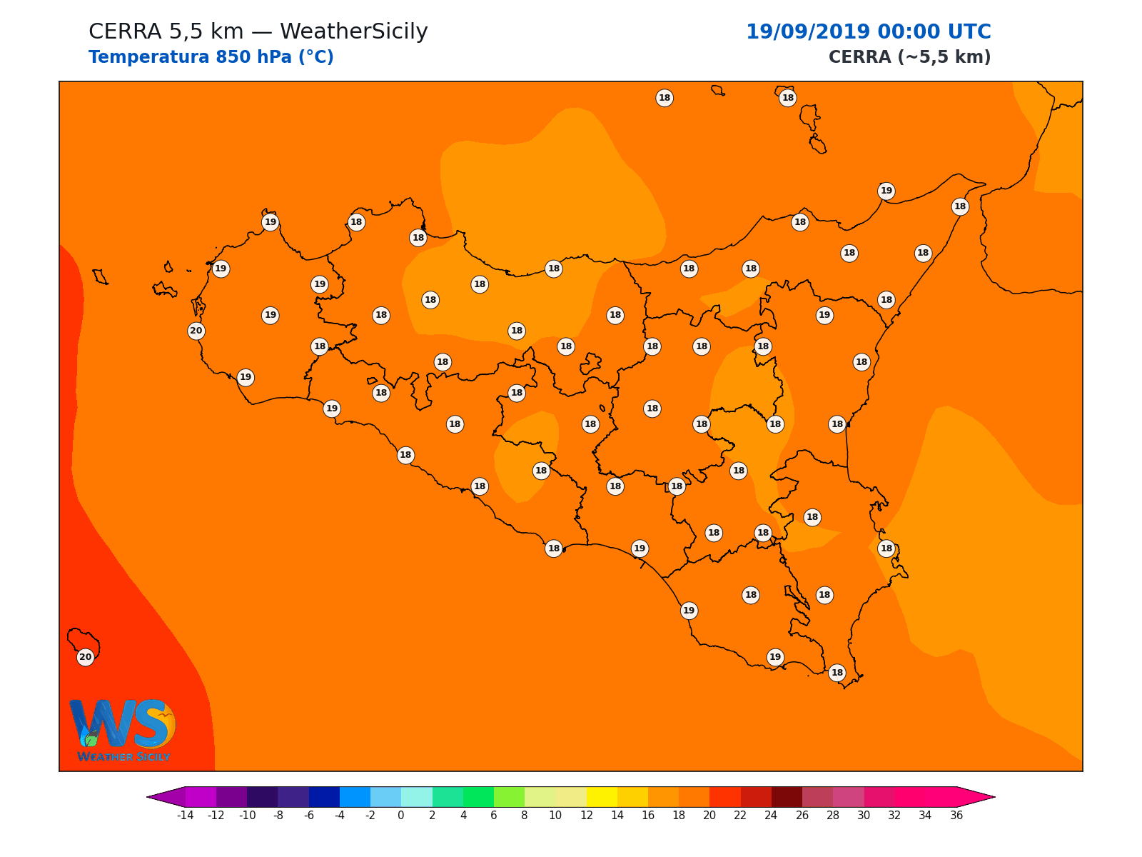 Temperatura a 850 hPa · 2019091900