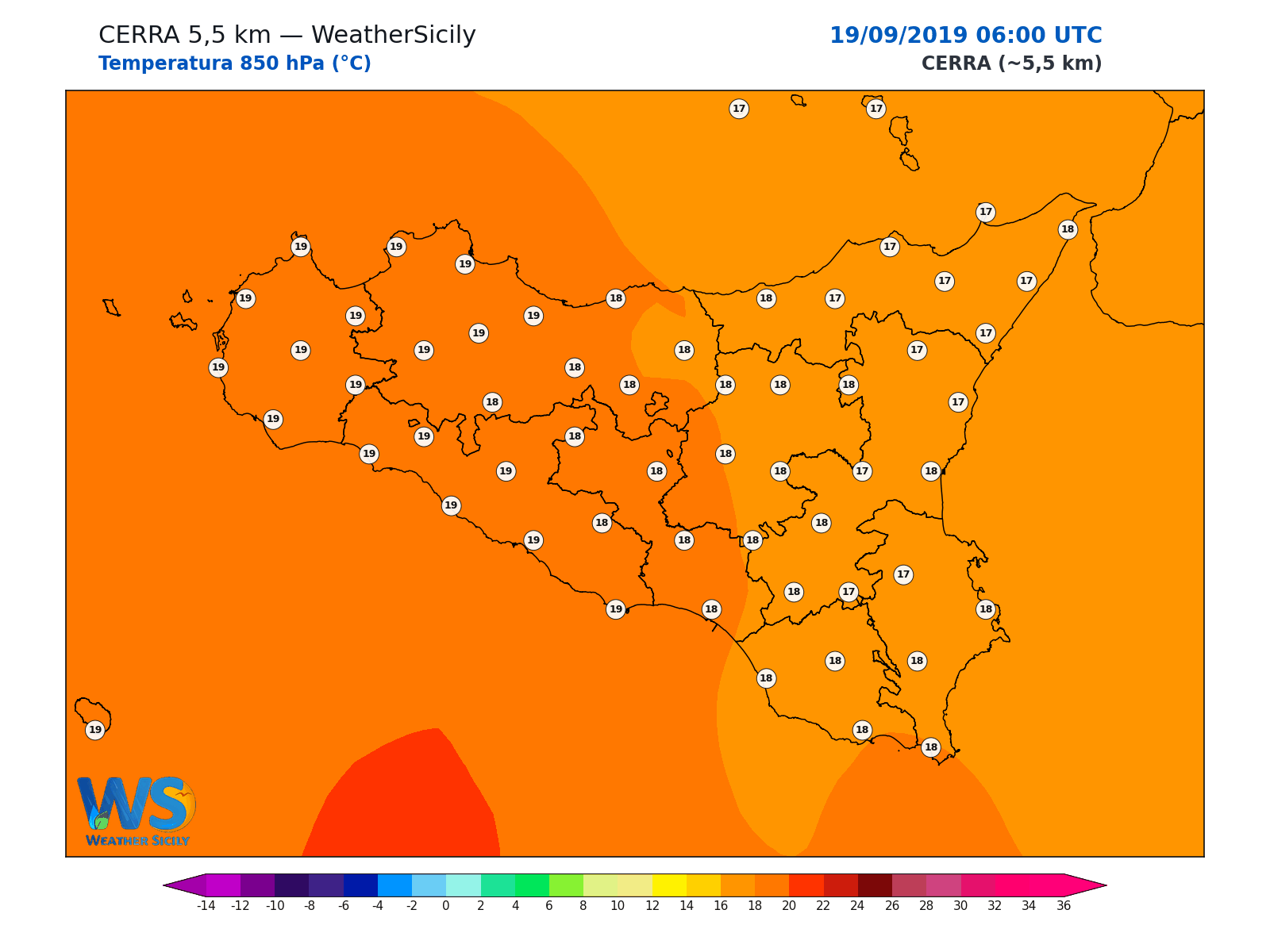 Temperatura a 850 hPa · 2019091906