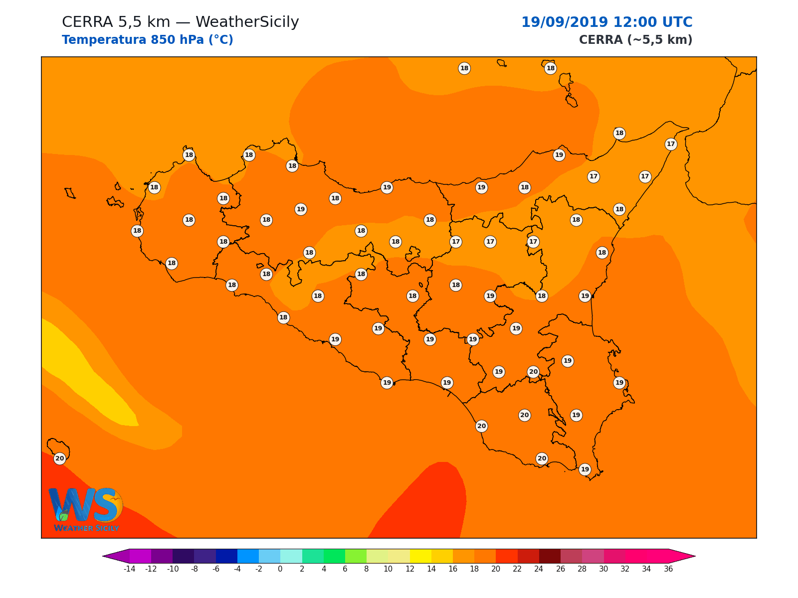 Temperatura a 850 hPa · 2019091912