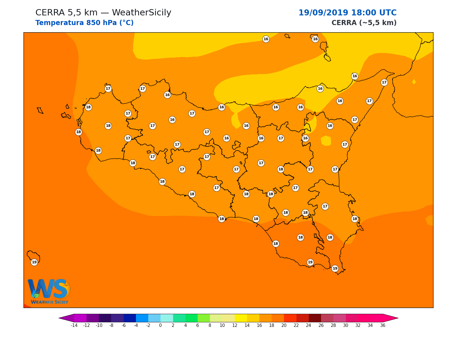 Temperatura a 850 hPa · 2019091918