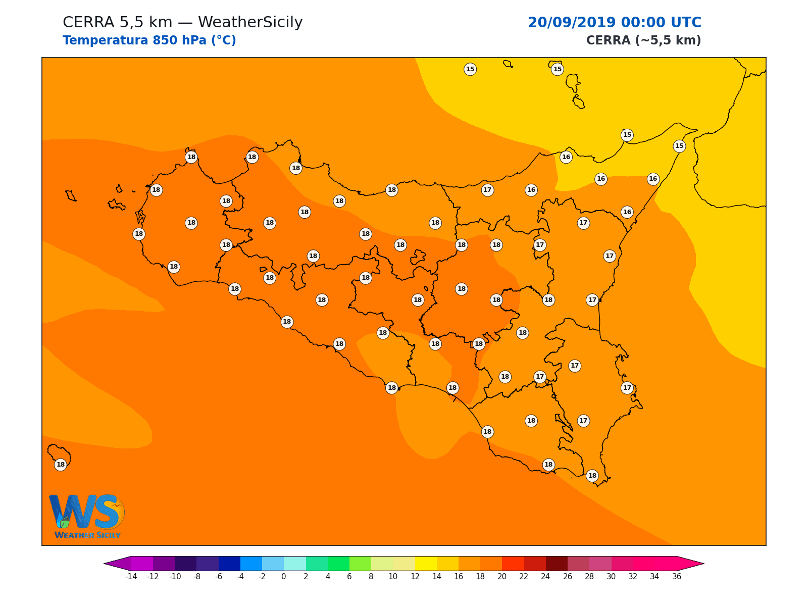 Temperatura a 850 hPa · 2019092000