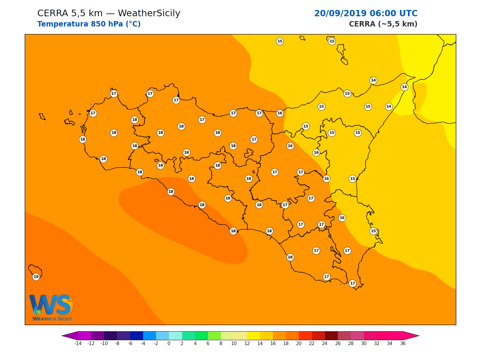 Temperatura a 850 hPa · 2019092006