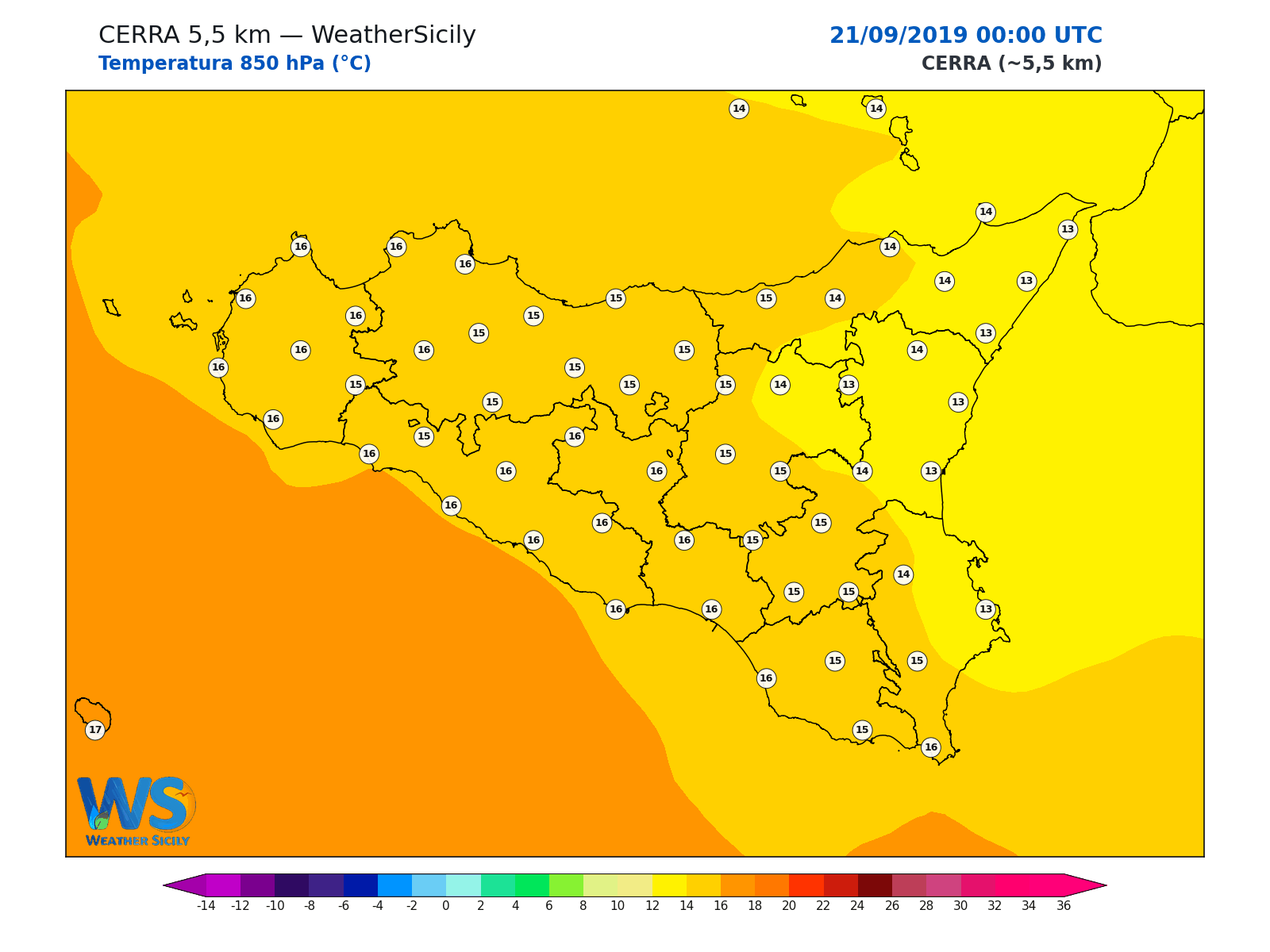 Temperatura a 850 hPa · 2019092100