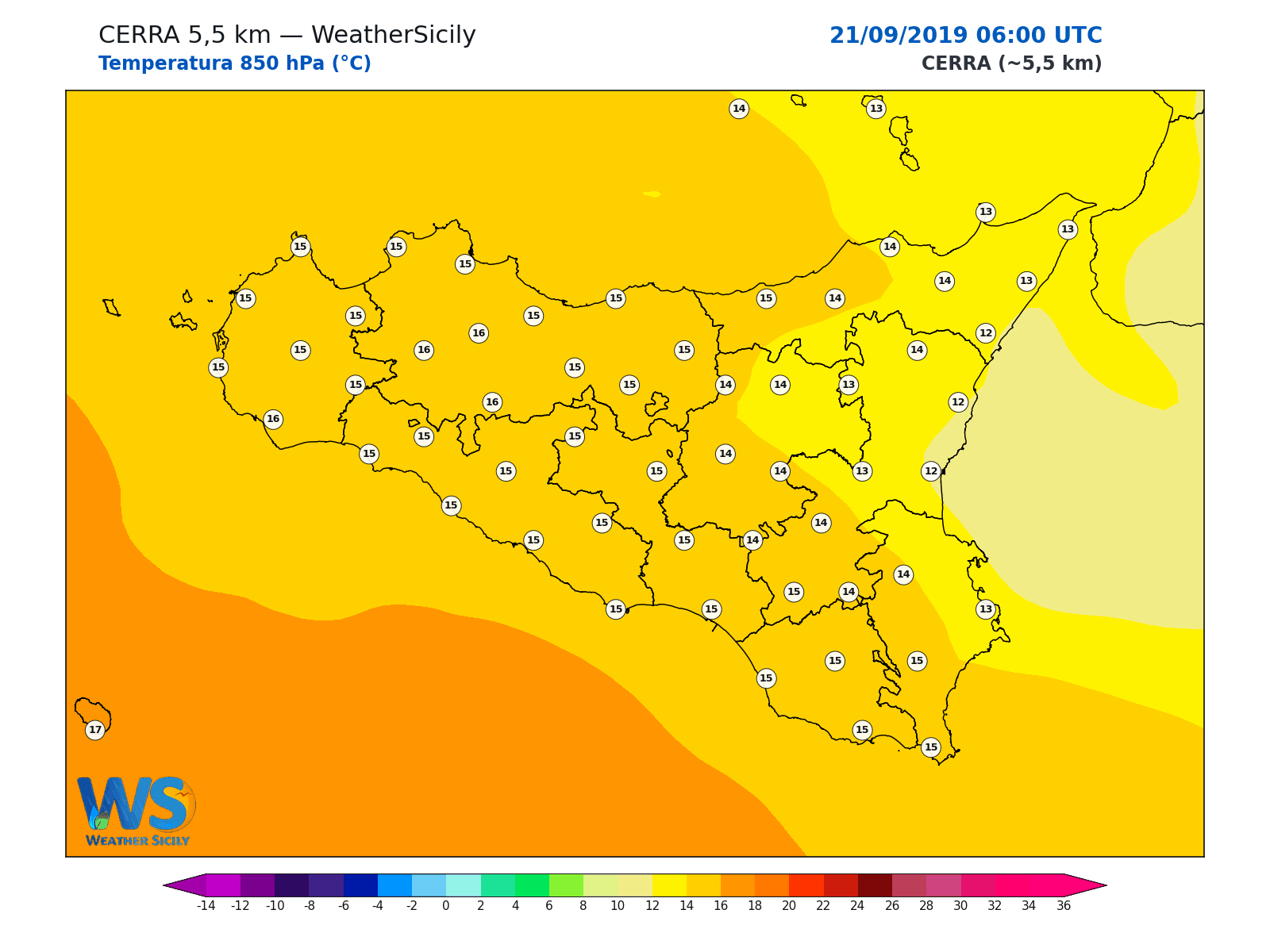 Temperatura a 850 hPa · 2019092106