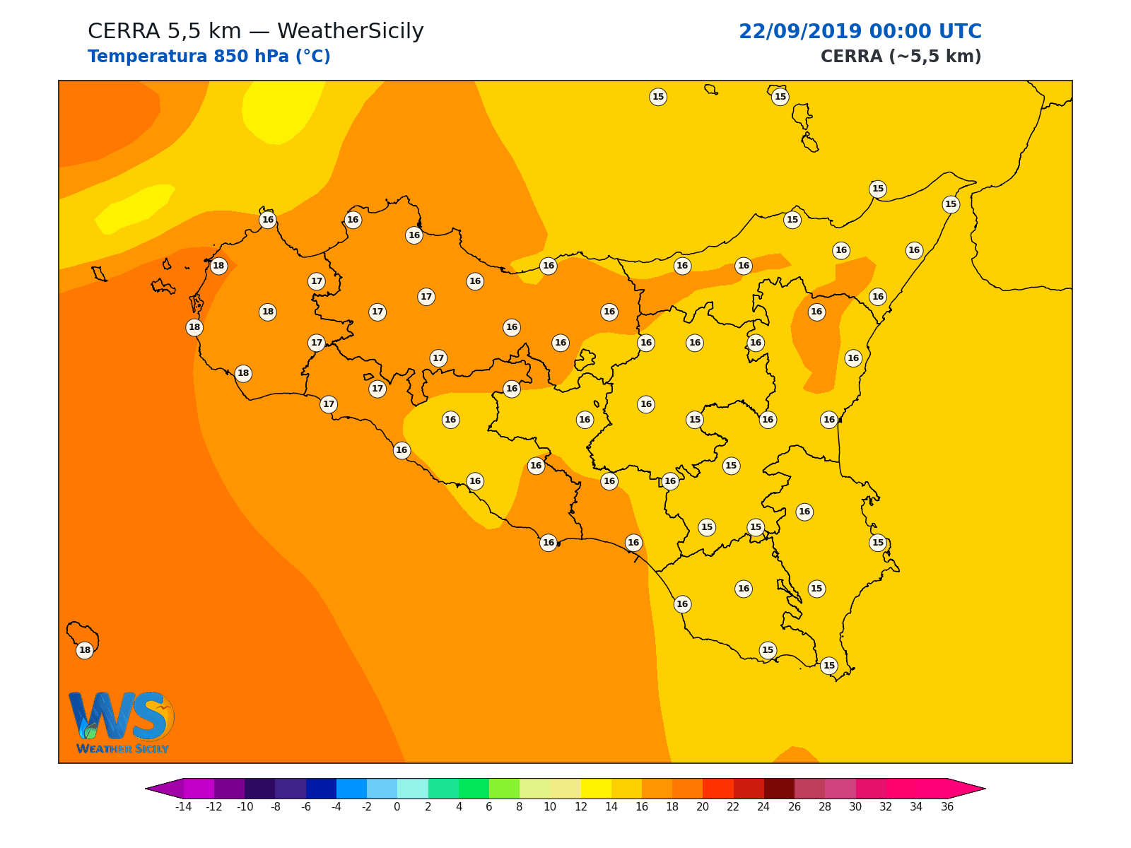 Temperatura a 850 hPa · 2019092200
