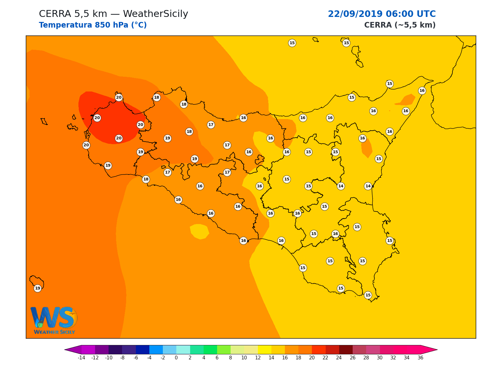Temperatura a 850 hPa · 2019092206