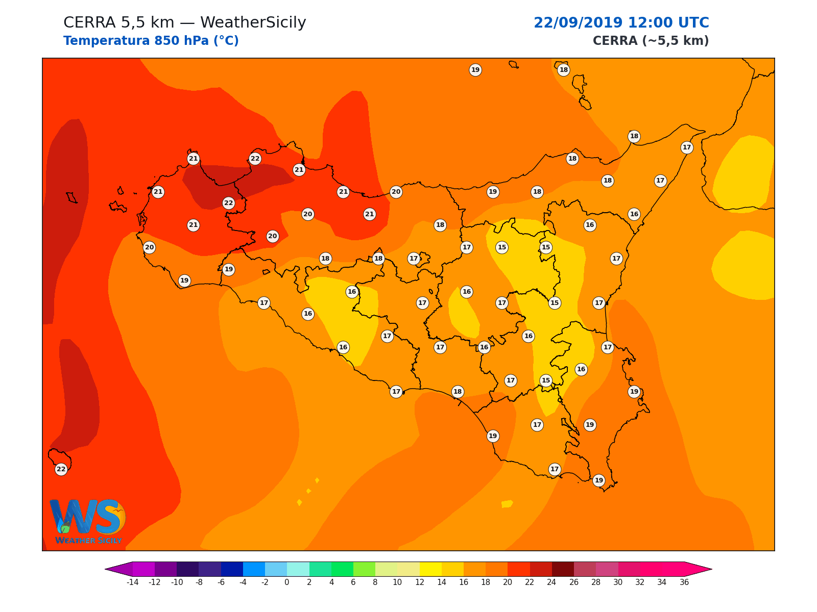 Temperatura a 850 hPa · 2019092212