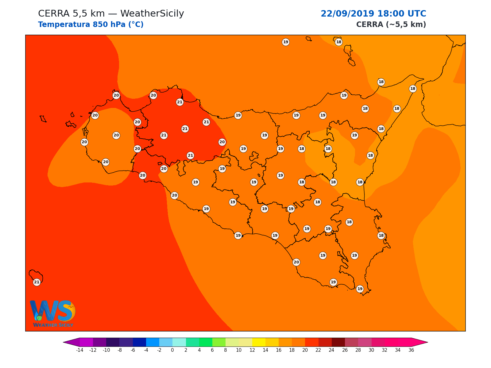 Temperatura a 850 hPa · 2019092218