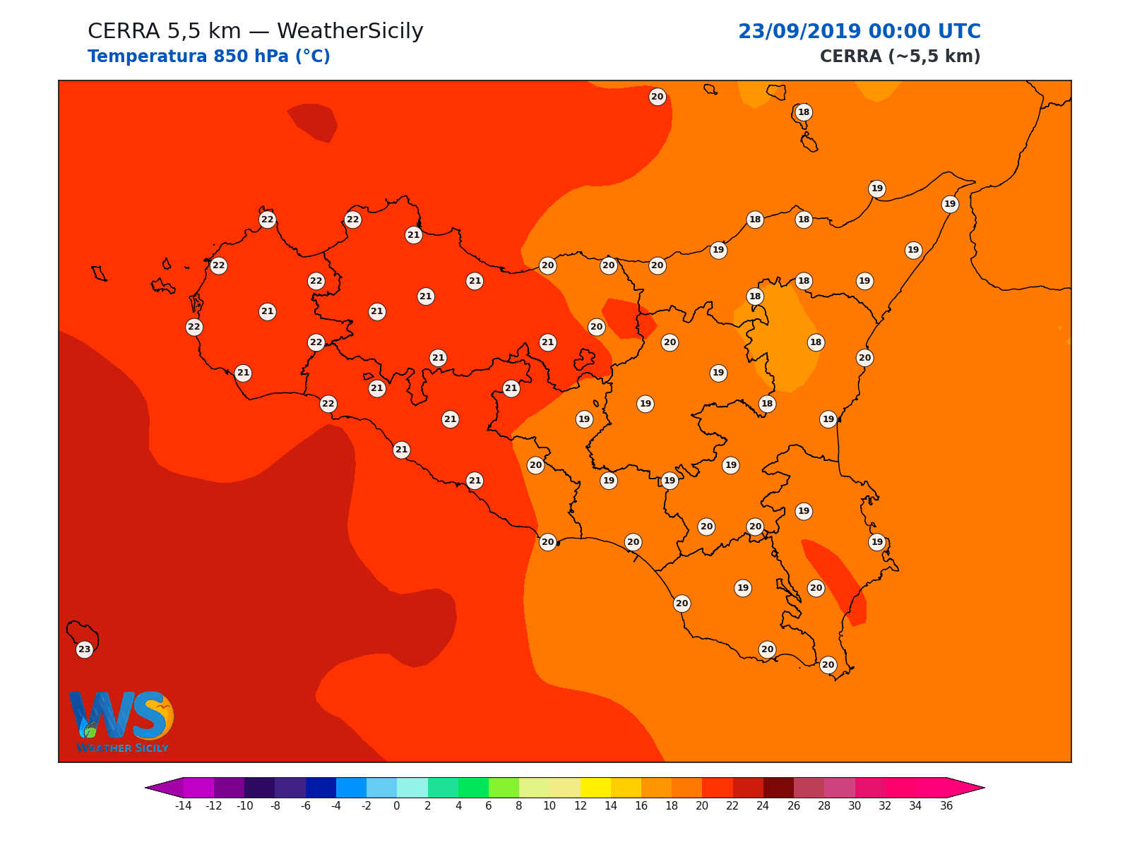 Temperatura a 850 hPa · 2019092300