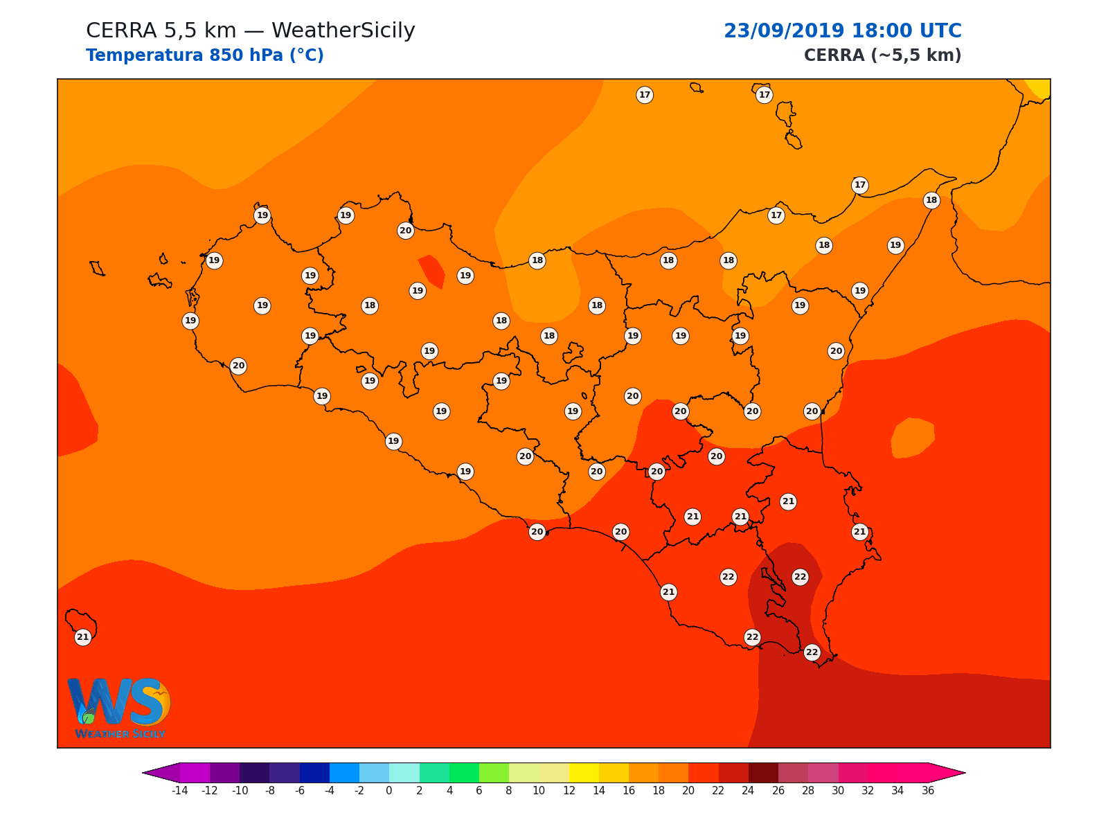 Temperatura a 850 hPa · 2019092318