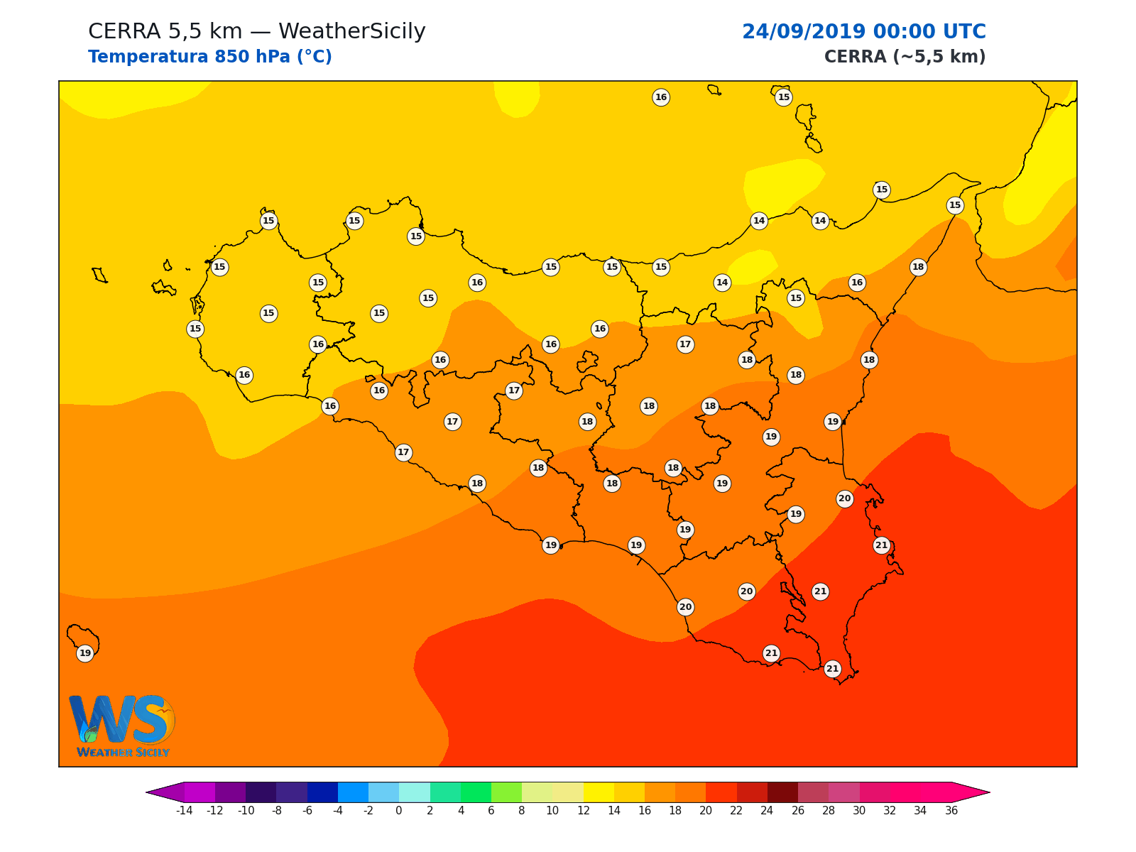 Temperatura a 850 hPa · 2019092400